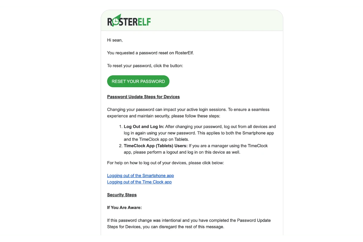 RosterElf password reset email showing the Reset Your Password button and password update instructions