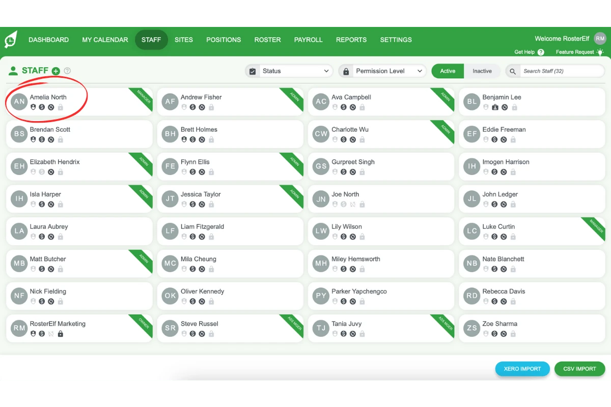 Screenshot indicating selection of an employee in the Staff list