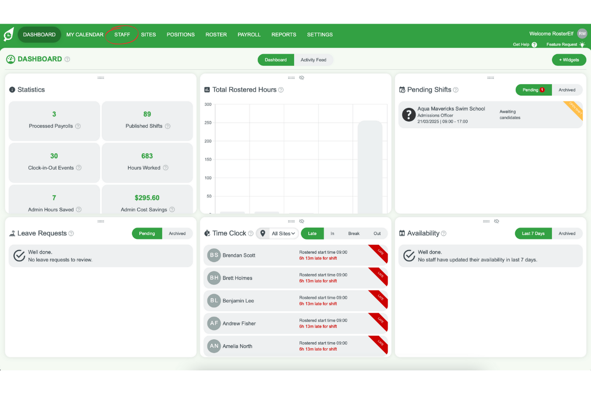 Screenshot highlighting the Staff tab in RosterElf