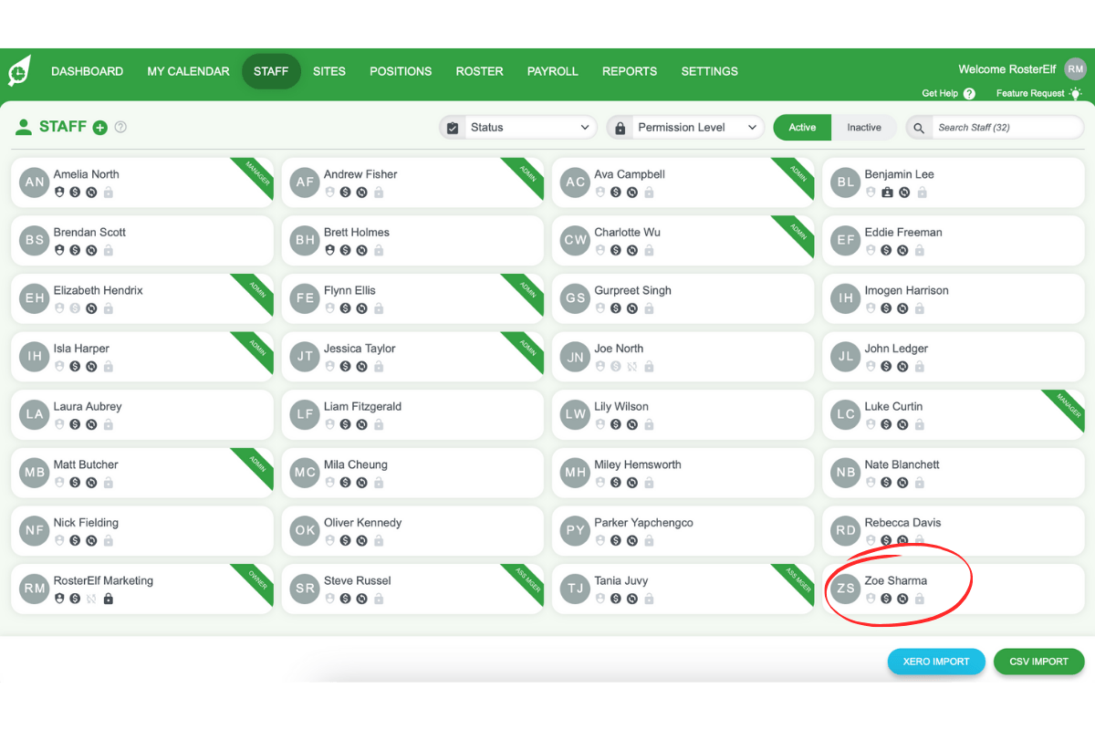 Screenshot highlighting a new staff member without prior login