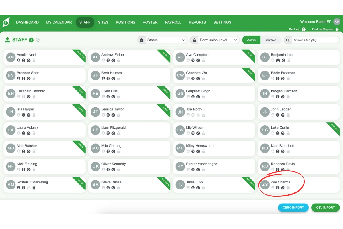 Screenshot highlighting a new staff member without prior login