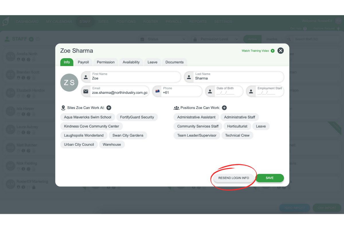 Screenshot showing the Resend Login Info option for a new staff member