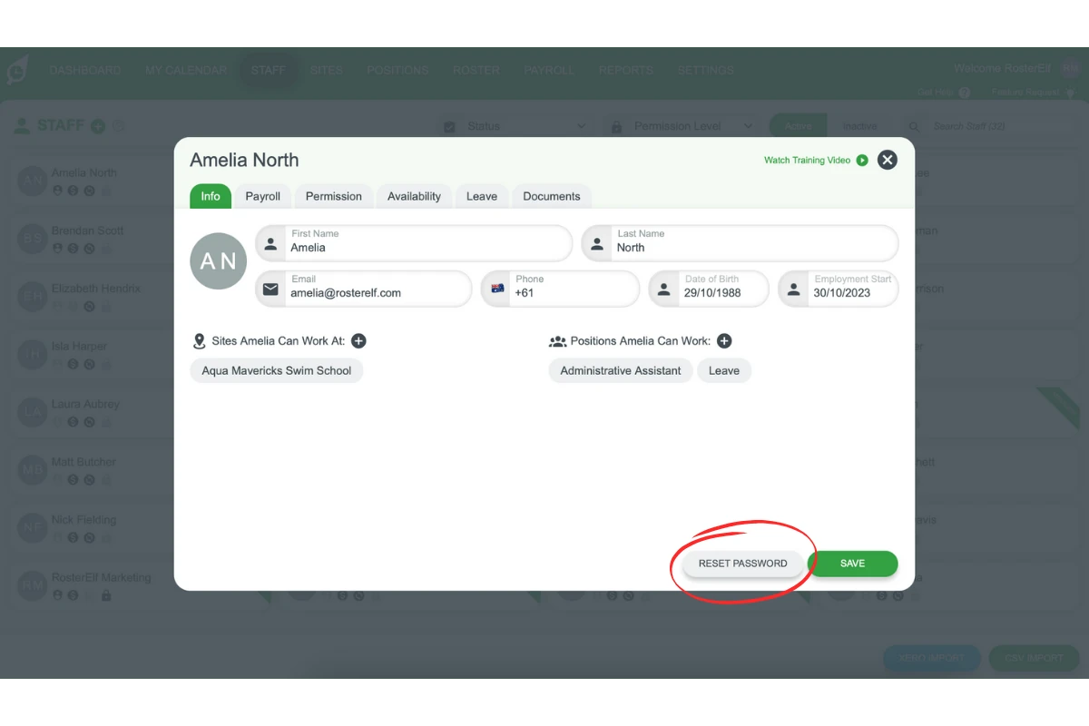 Screenshot showing the Reset Password option for an employee