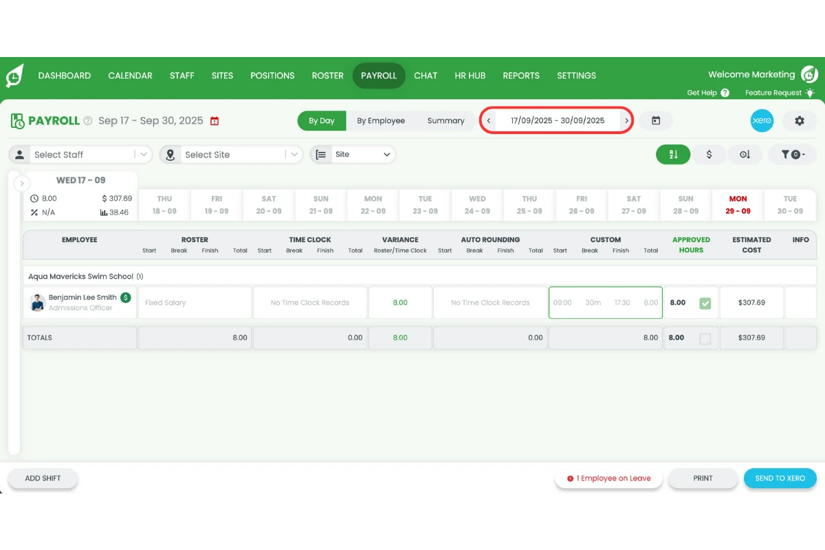 RosterElf Payroll page with the pay date selector