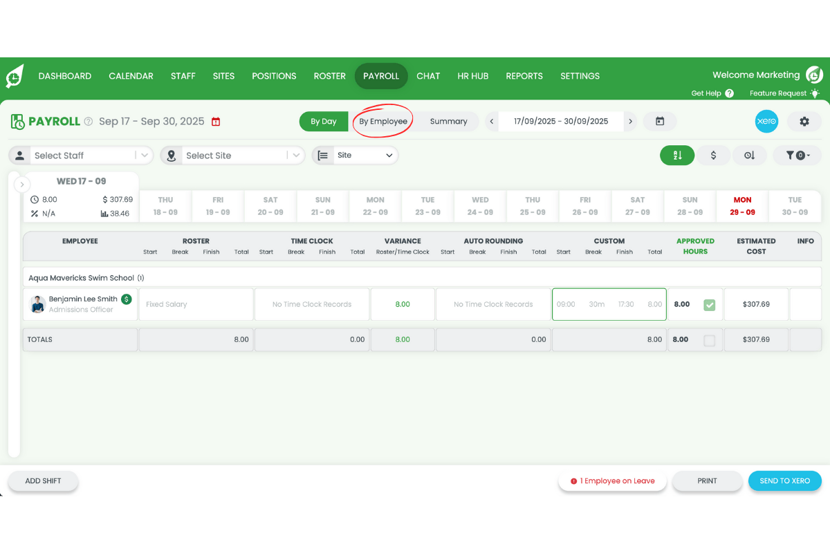 Payroll section in RosterElf