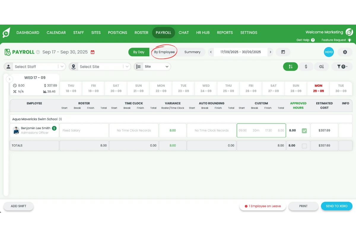 RosterElf Payroll with the By employee view selected