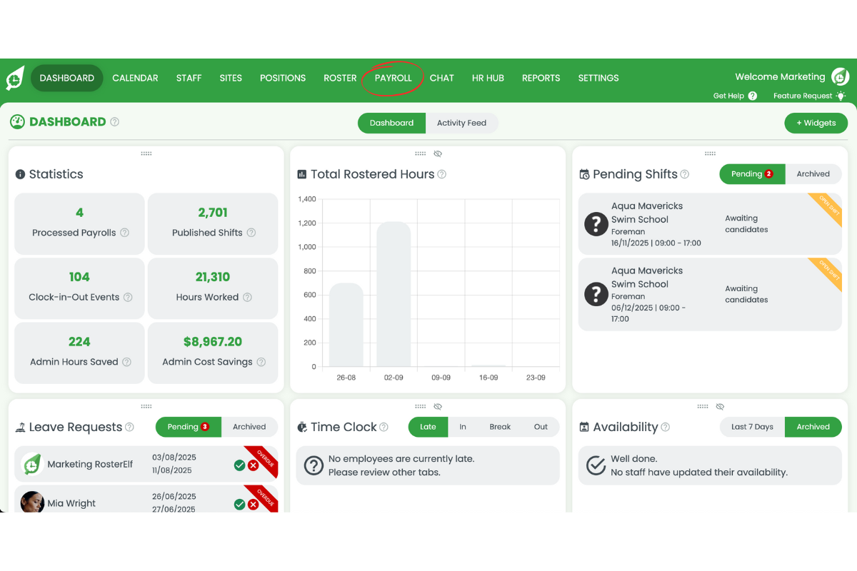 Payroll section in RosterElf