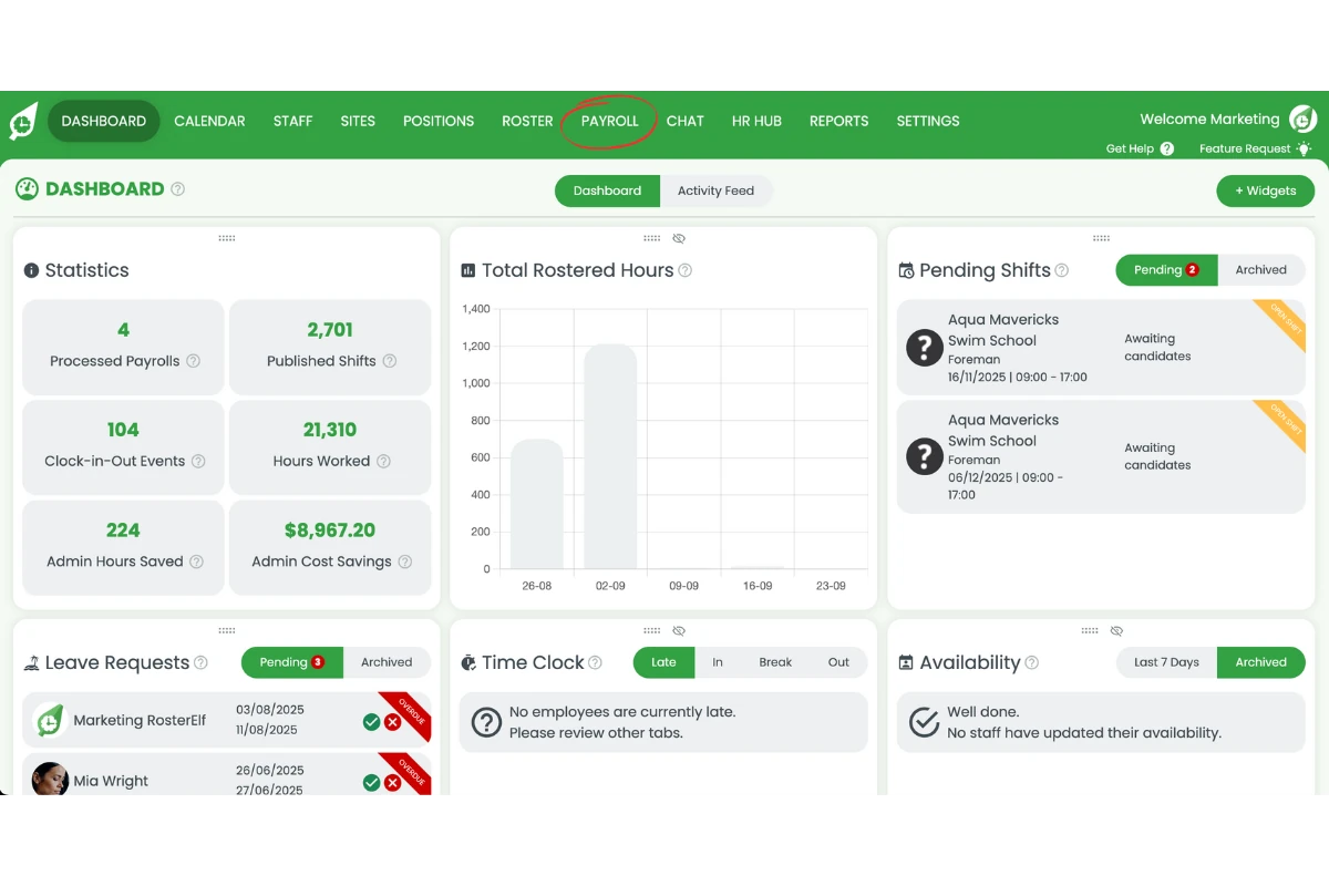 RosterElf Payroll page in the main navigation