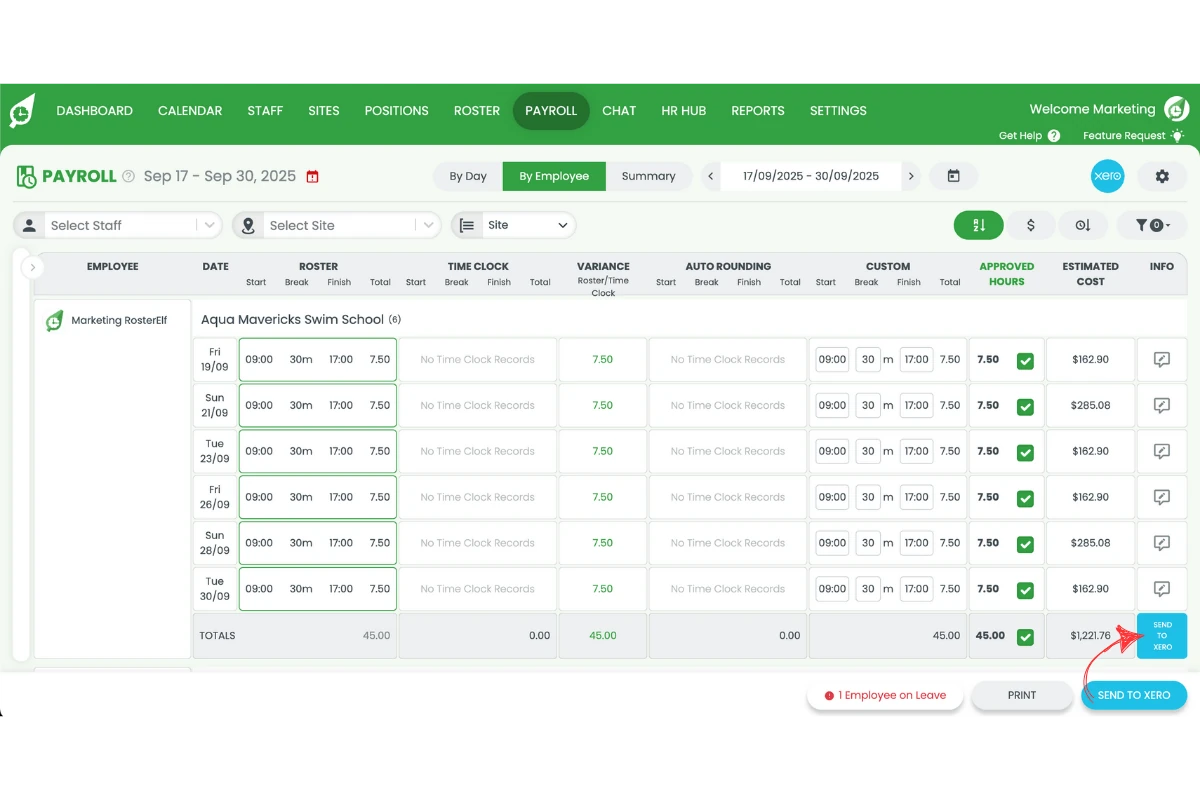 RosterElf payroll with the Send to Xero button