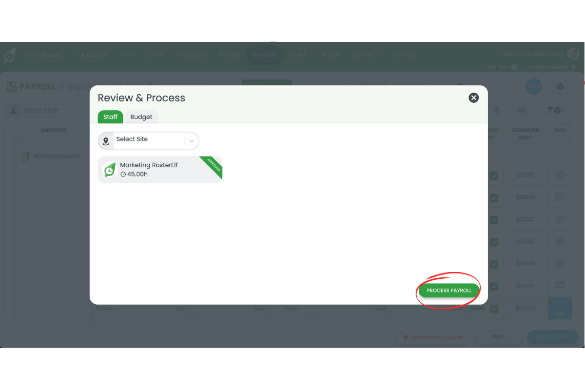 Payroll section in RosterElf