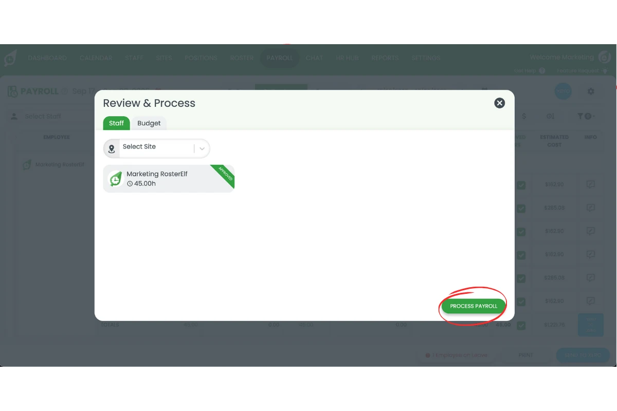 RosterElf payroll with the Process payroll button