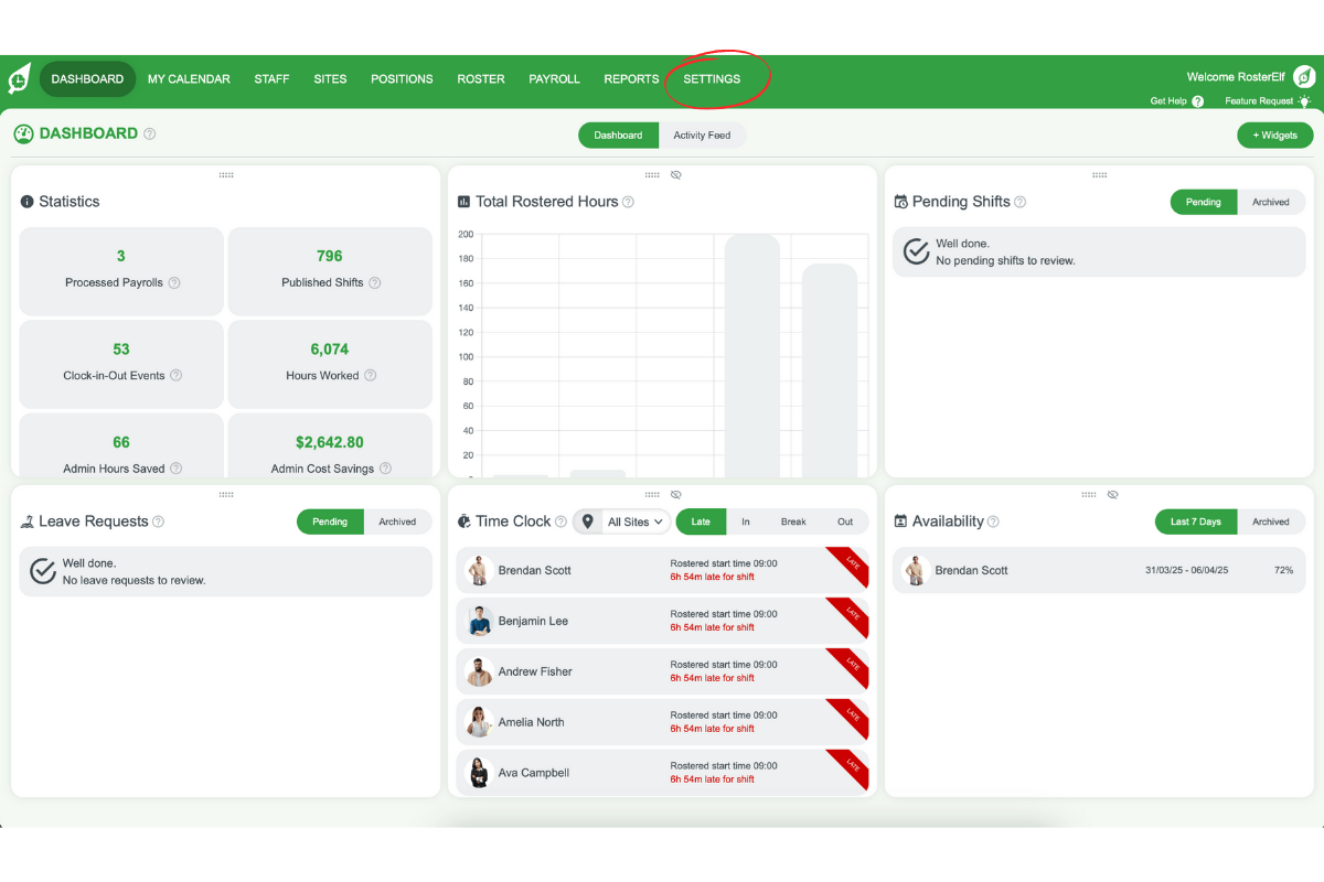 RosterElf settings page