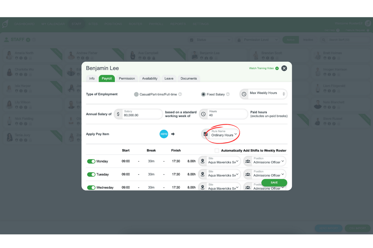 Payroll details for a staff member