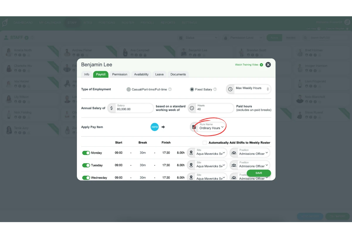 Payroll details for a staff member