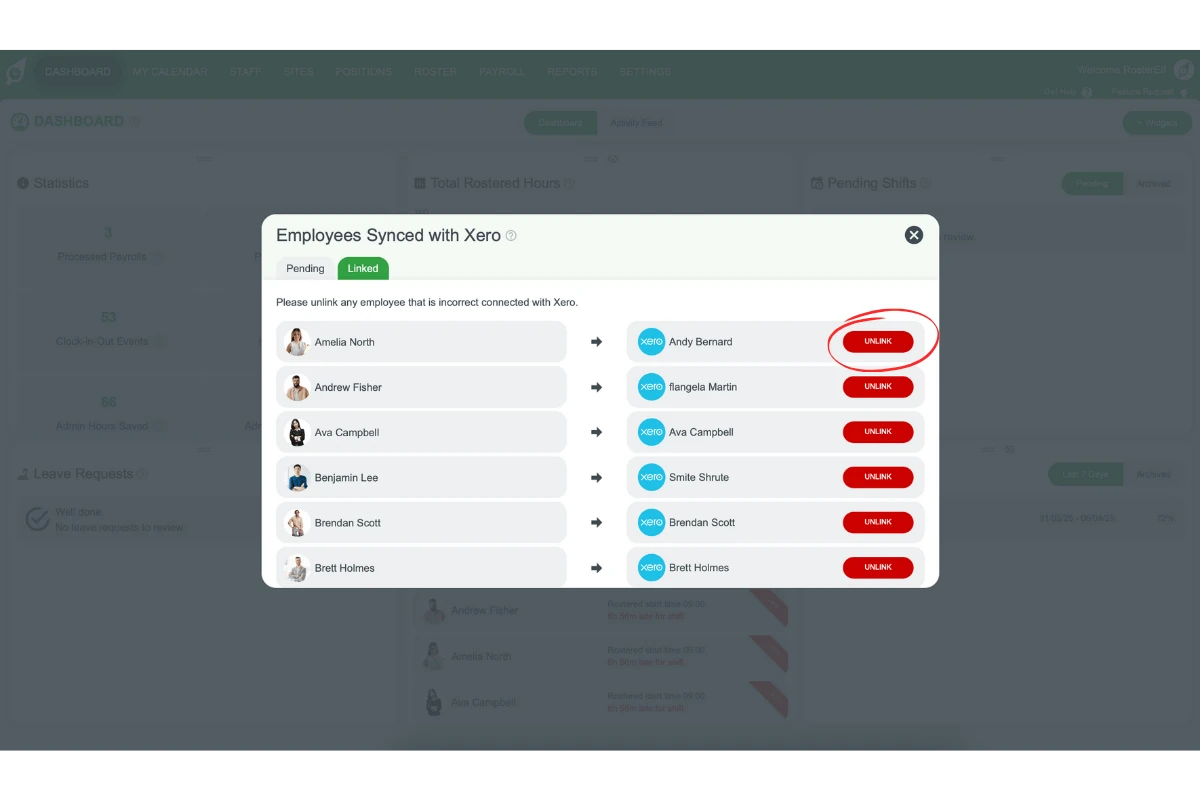 Unlinking staff from Xero in RosterElf