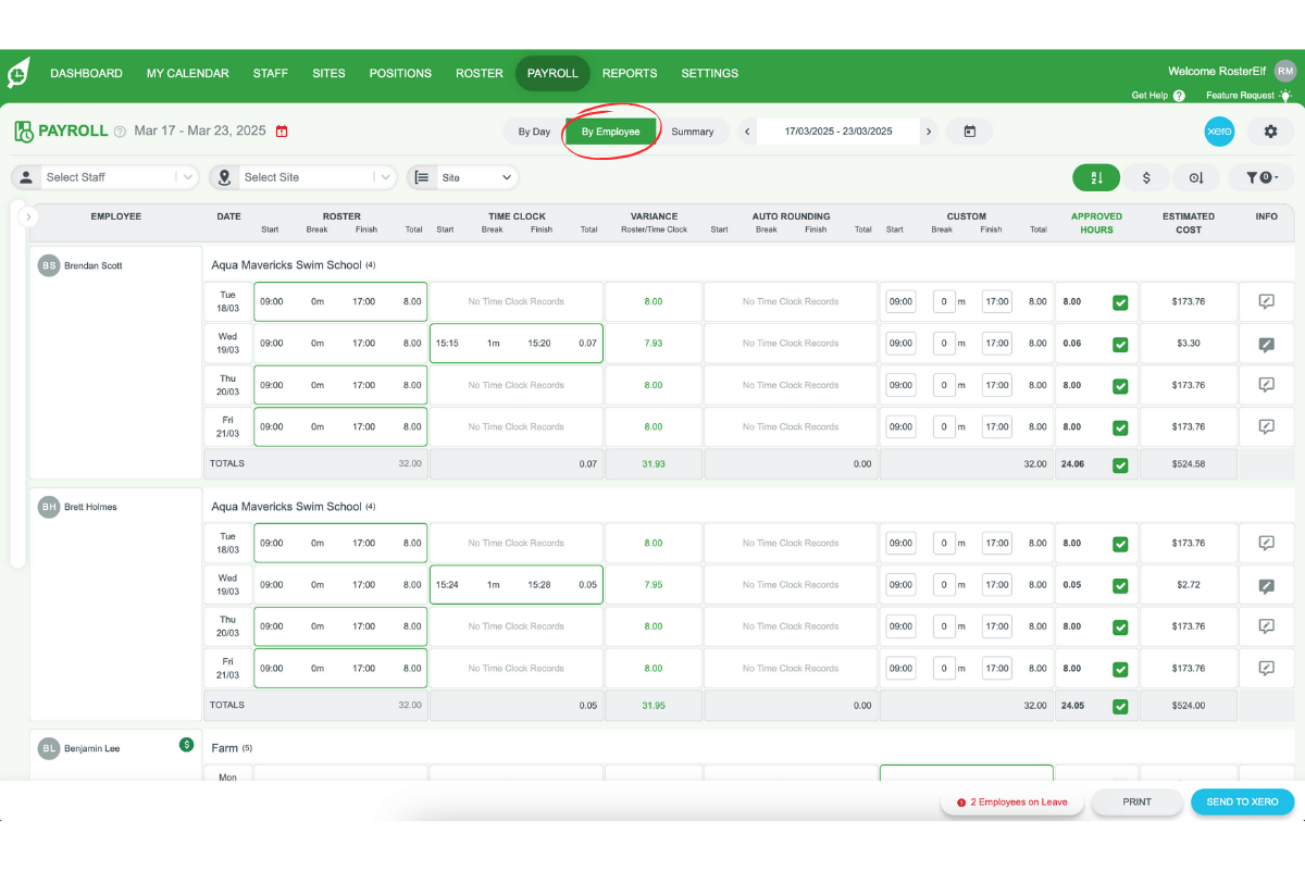 Screenshot illustrating how to switch the payroll filter to 'by employee' in RosterElf