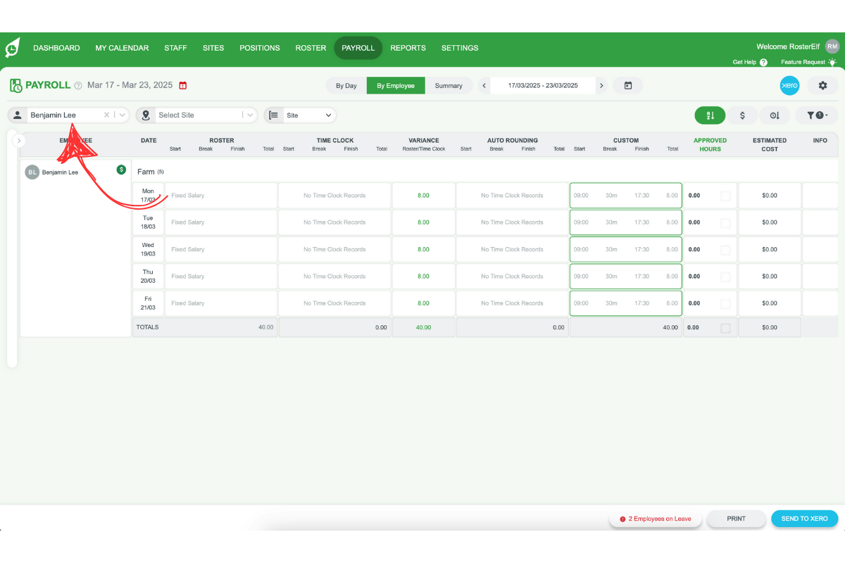 Screenshot highlighting a salaried staff row in the 'by employee' view