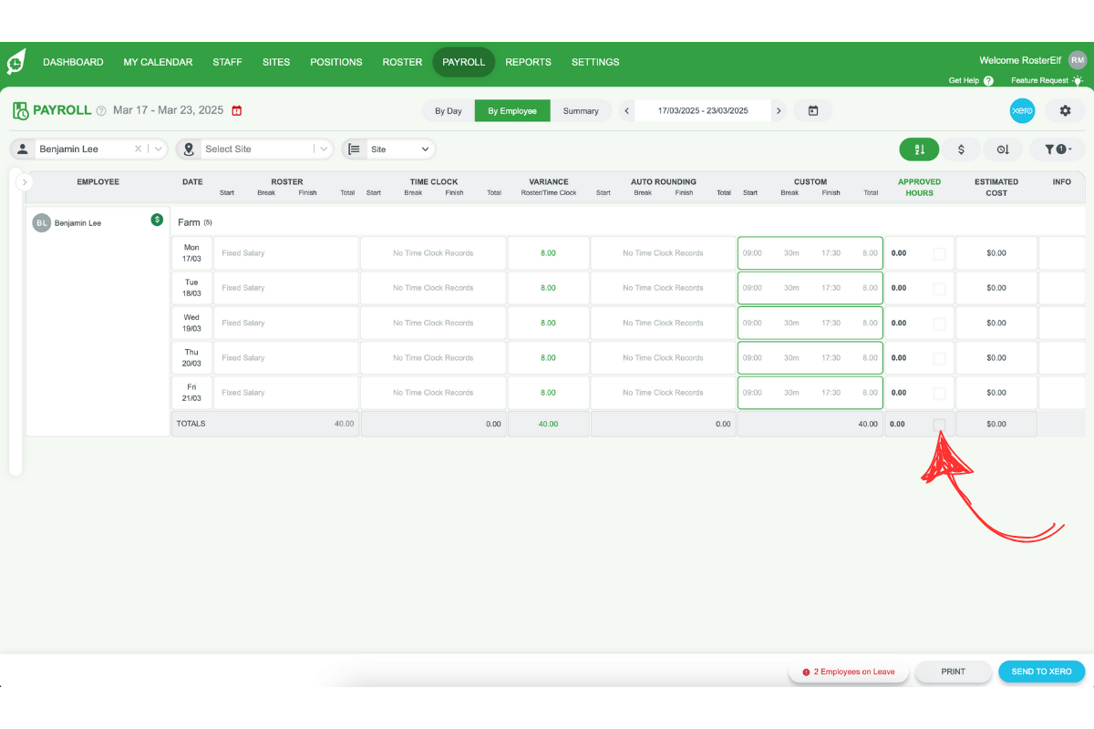 Screenshot demonstrating how to untick or deselect salaried staff