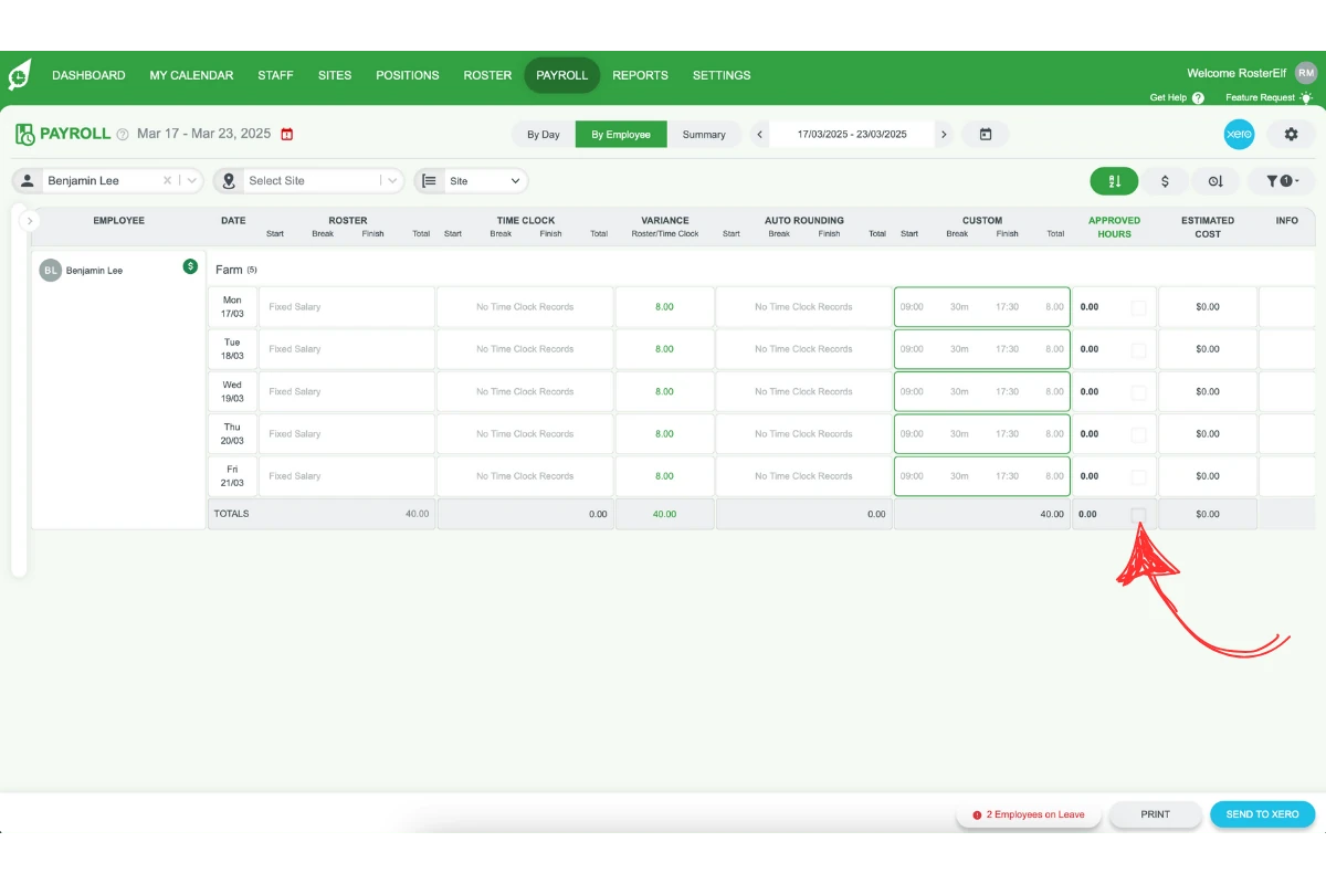 Screenshot demonstrating how to untick or deselect salaried staff