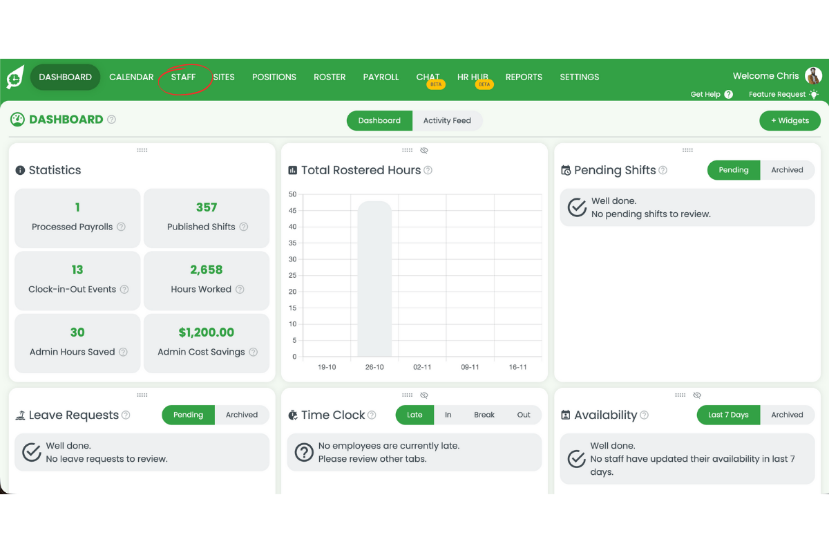 Staff tab in navigation