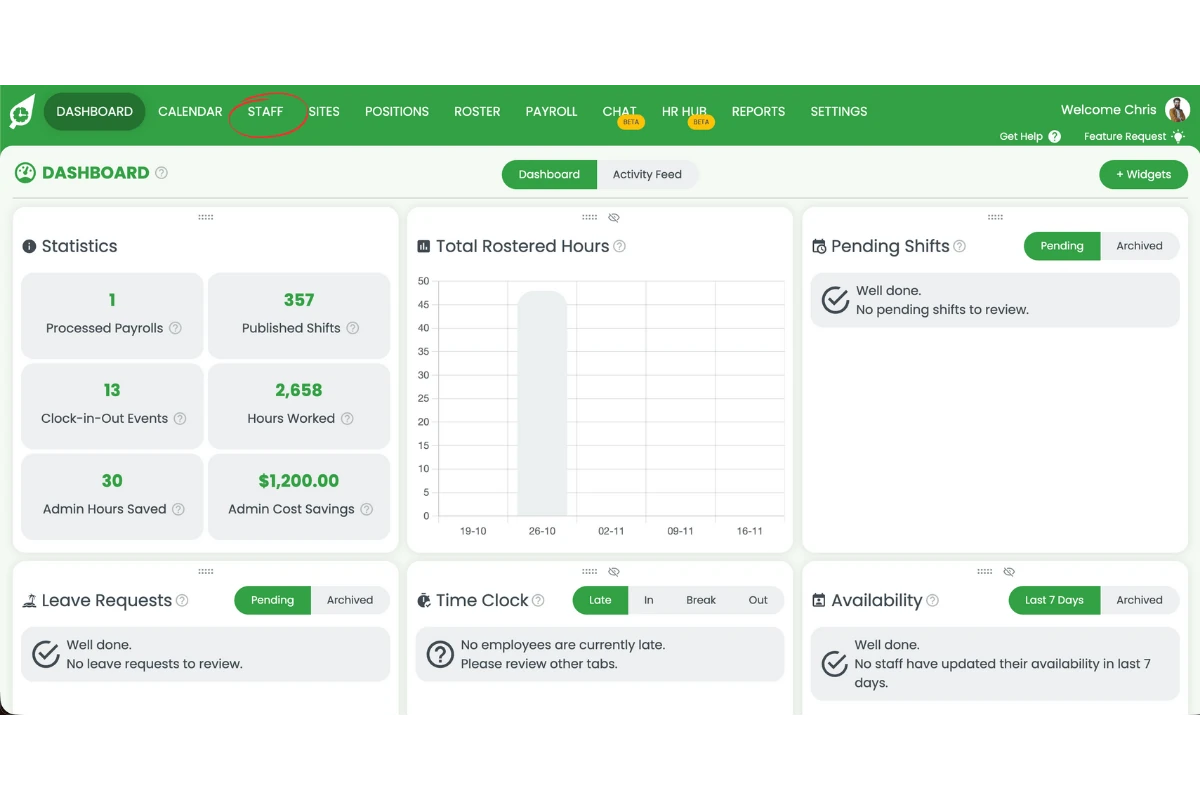 Staff tab in navigation