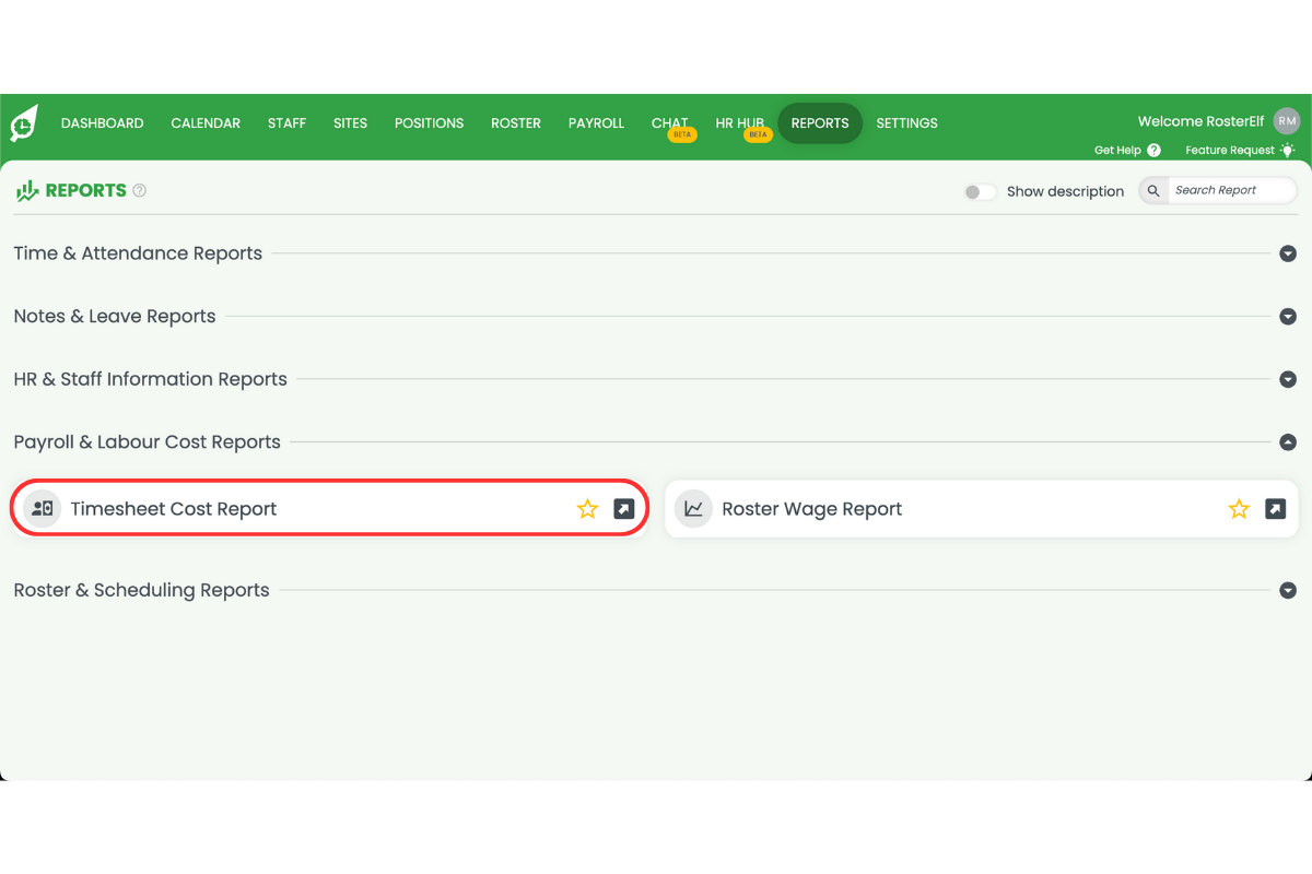 Screenshot showing the report to open it in RosterElf