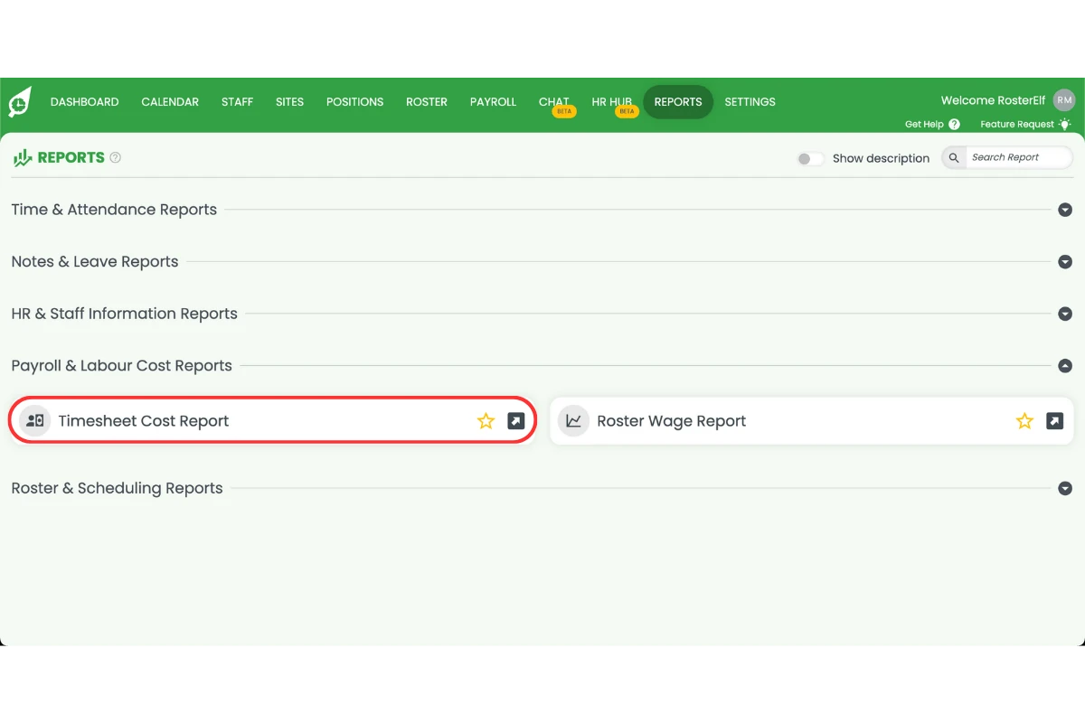 Screenshot showing the report to open it in RosterElf