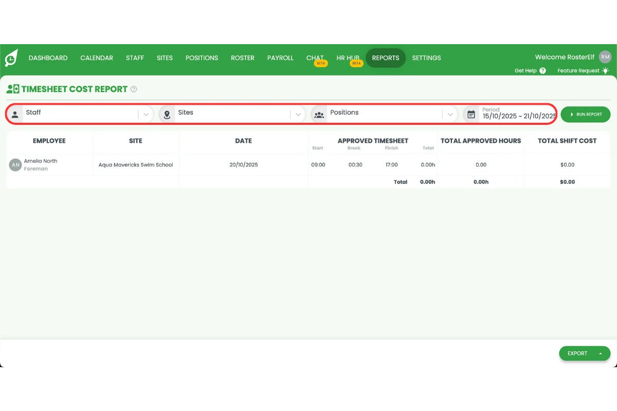 Applying filters to the RosterElf Timesheet Cost Report