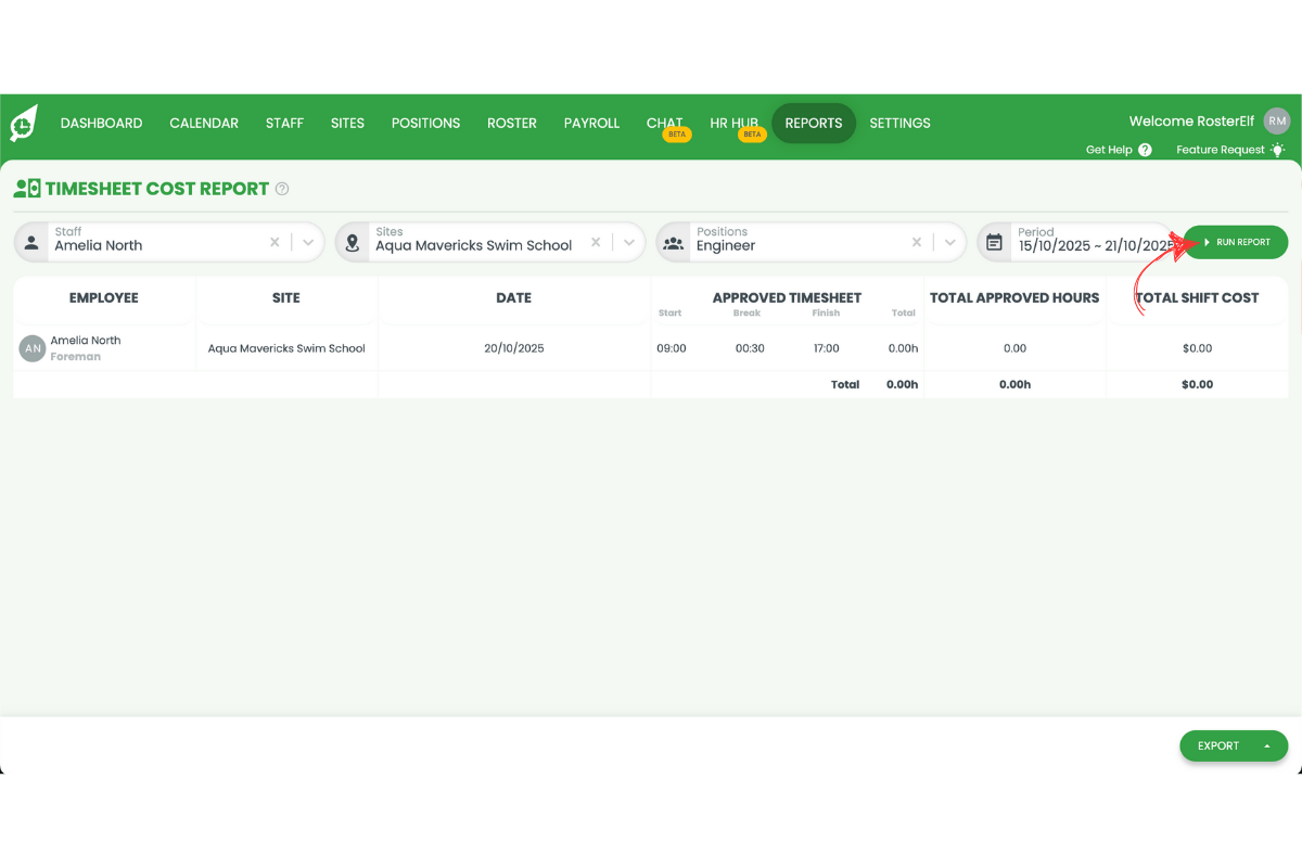 Screenshot showing the run report to generate results in RosterElf