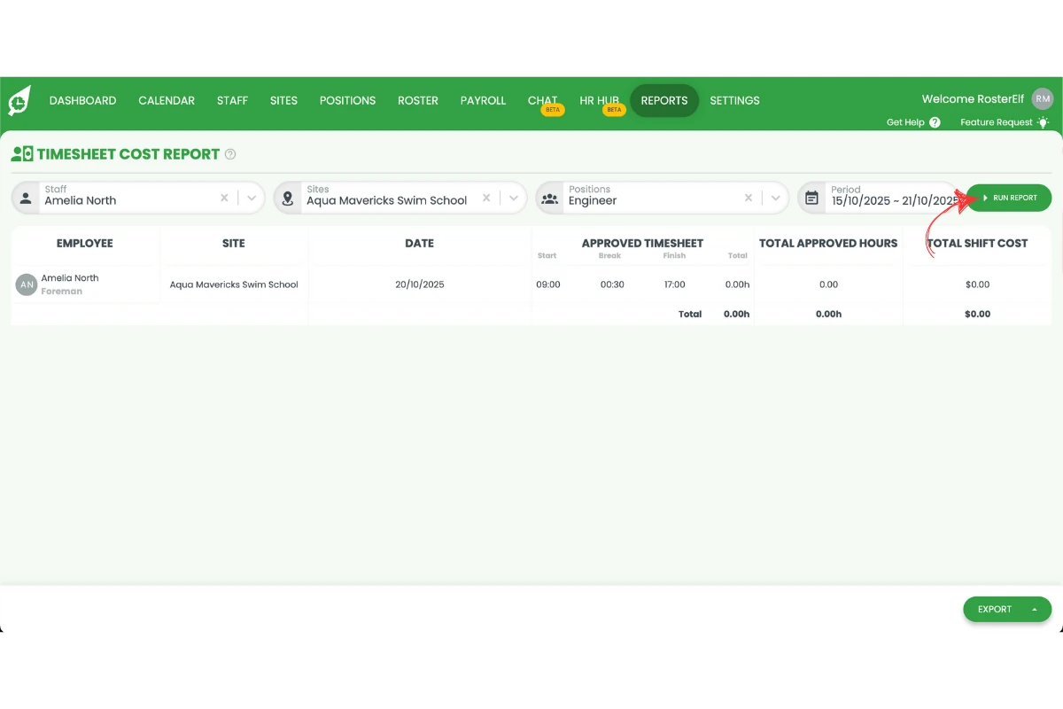 Screenshot showing the run report to generate results in RosterElf