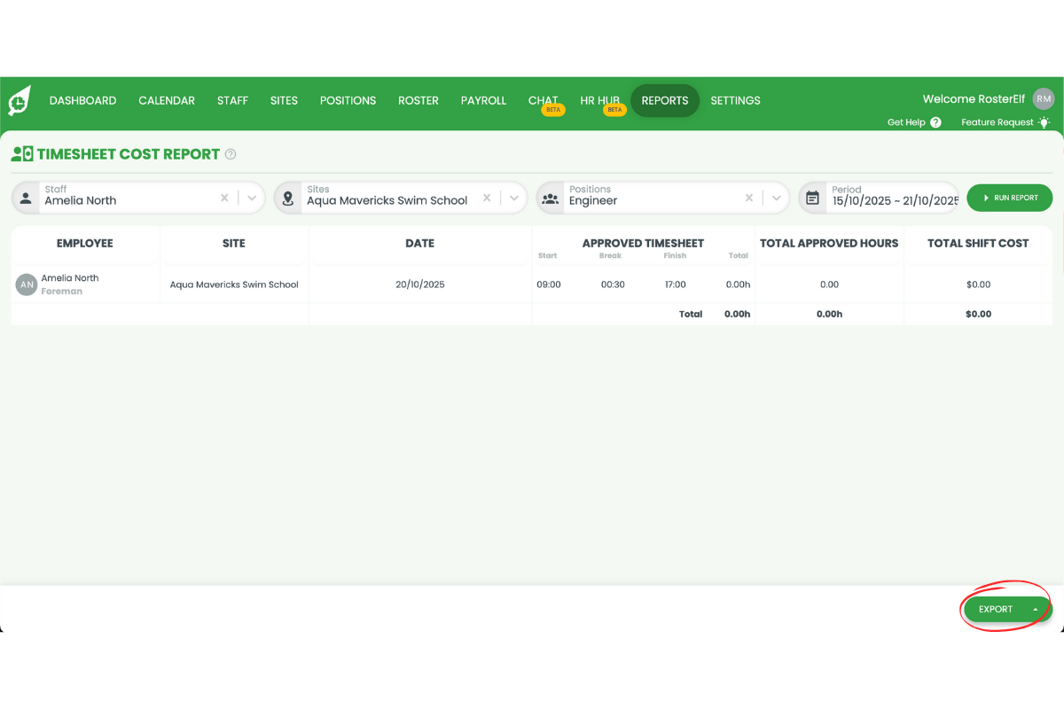 Screenshot showing the export if you want to download or share the report data in RosterElf