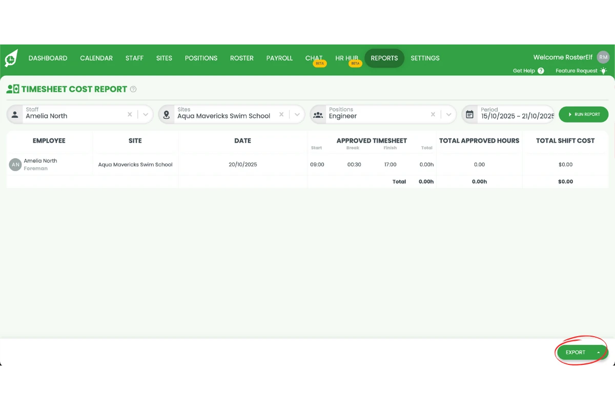 Screenshot showing the export if you want to download or share the report data in RosterElf