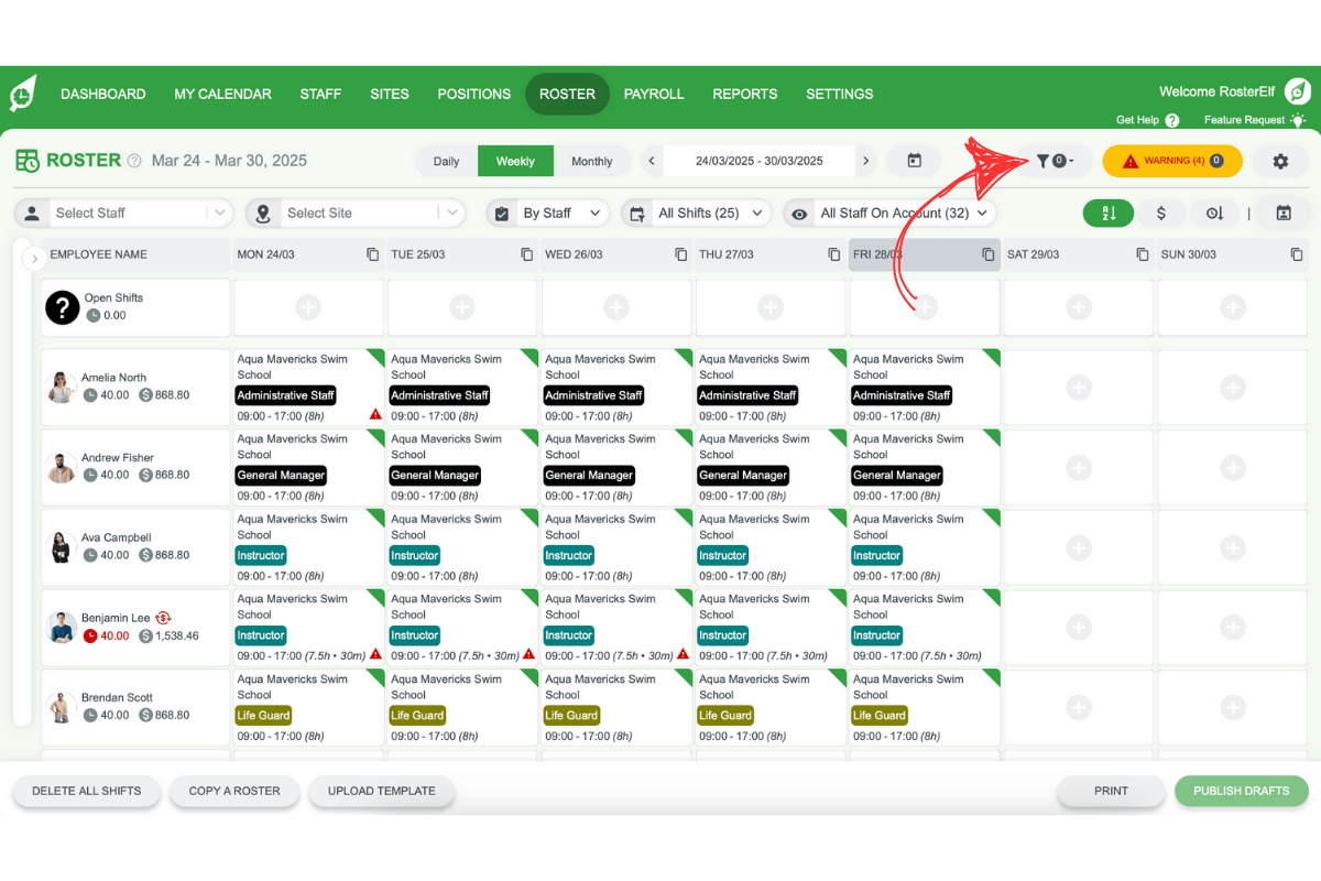 RosterElf filtering options