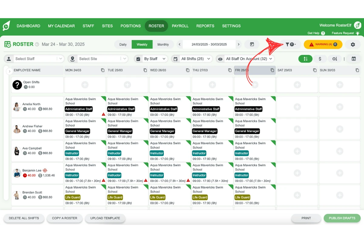 RosterElf filtering options
