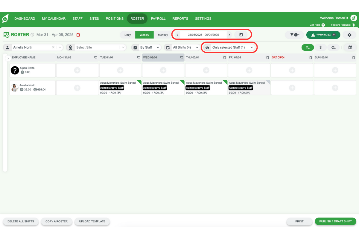 Roster screen showing date period selection