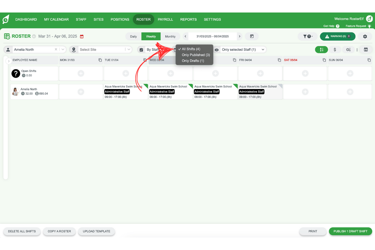 Shift type filter option in RosterElf