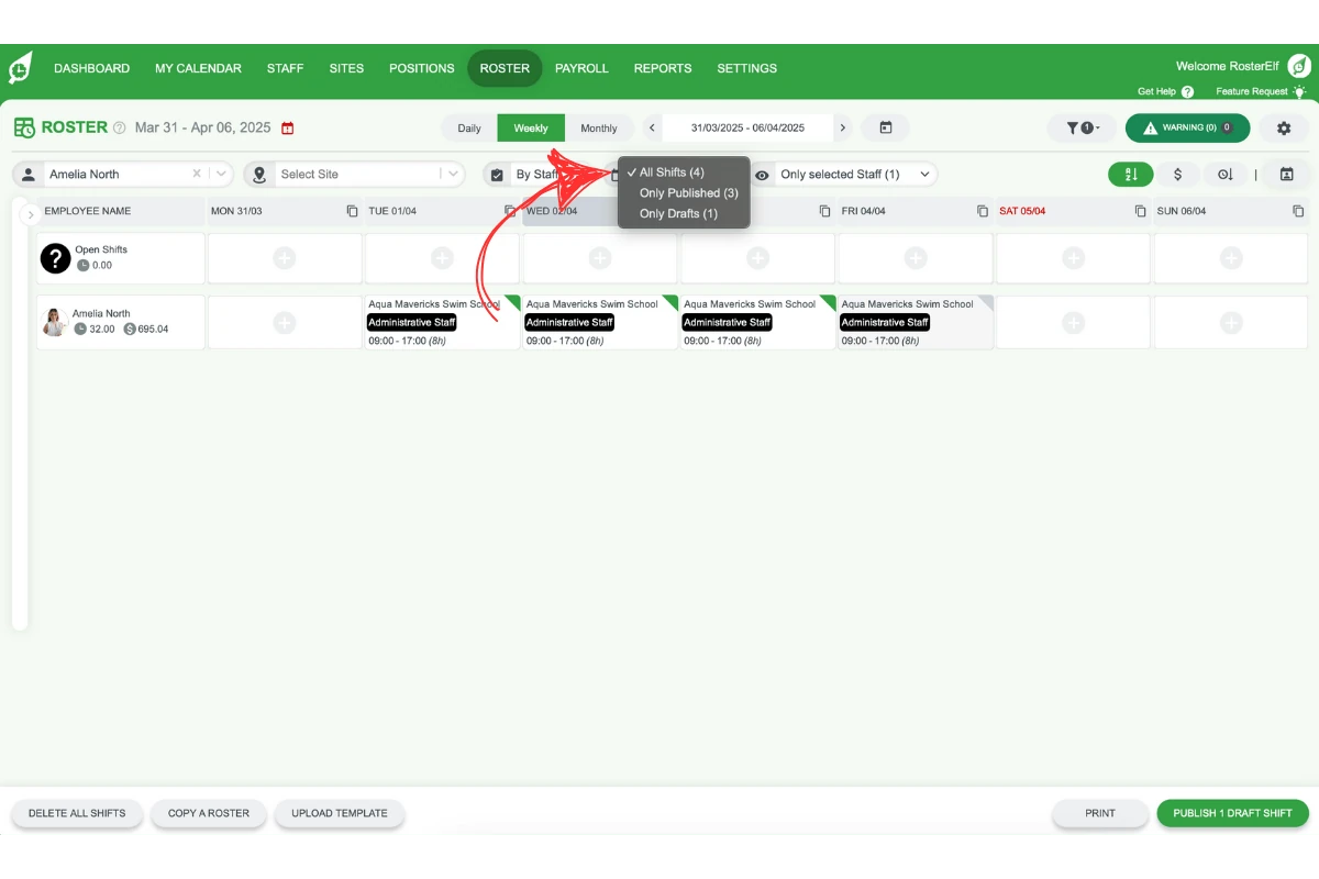 Shift type filter option in RosterElf