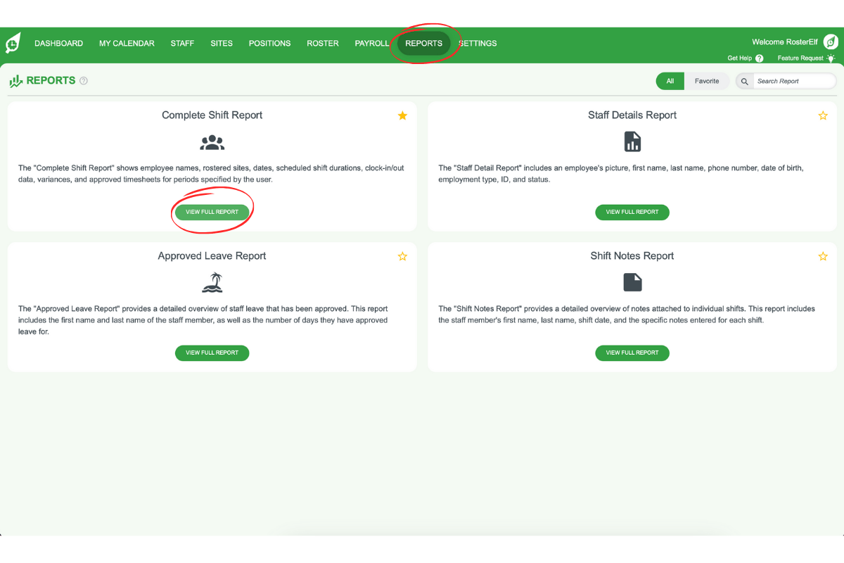 Complete Shift report in RosterElf