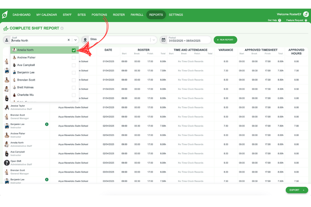 Search field for staff name
