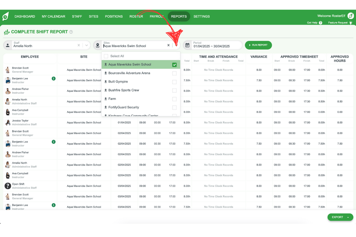 Site filter option in RosterElf’s Complete Shift report