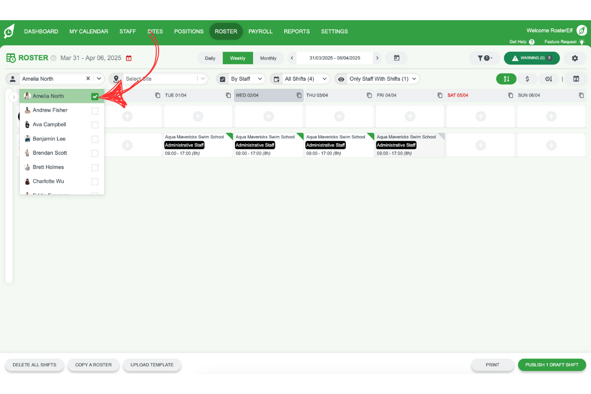 Roster screen highlighting staff filter