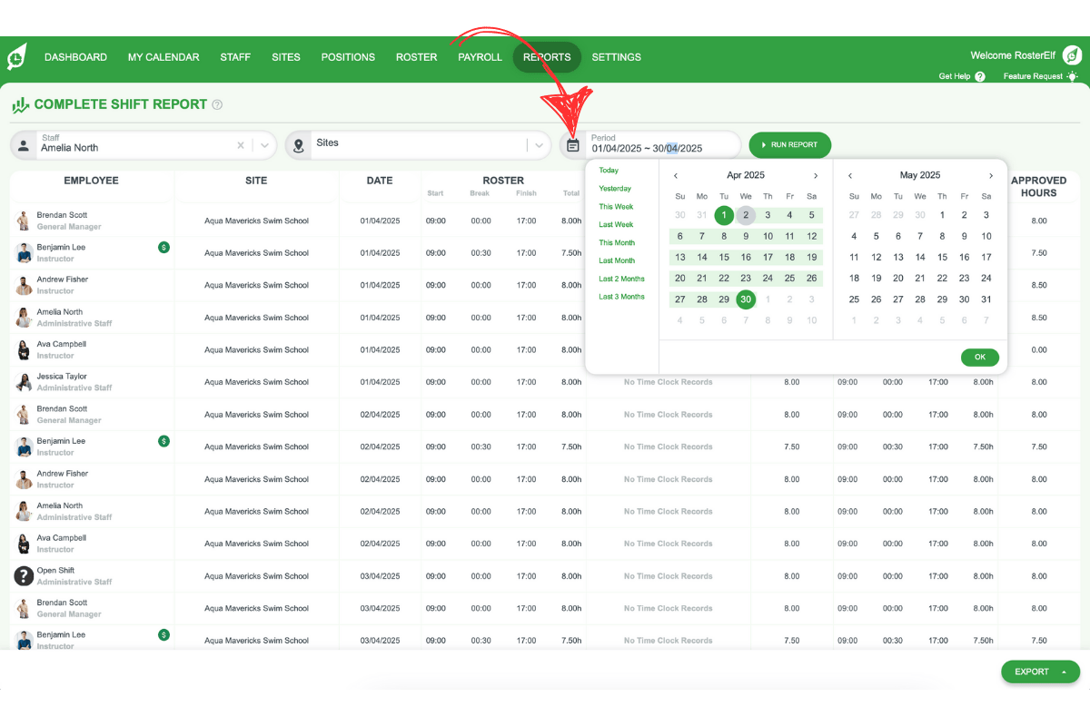 Date range selection in the Complete Shift report