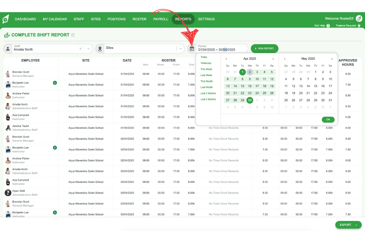 Date range selection in the Complete Shift report
