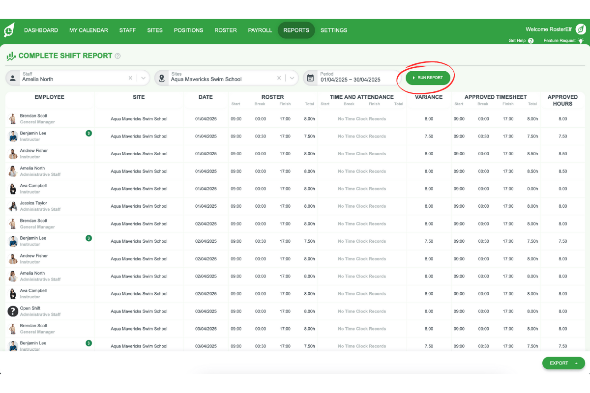 Viewing shift results in the Complete Shift report