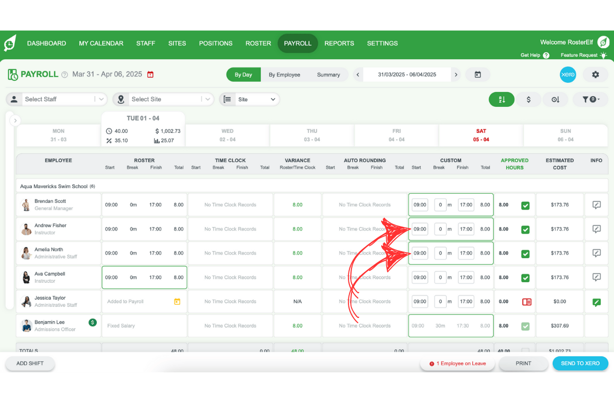Screenshot showing the custom time entry field for a single shift.