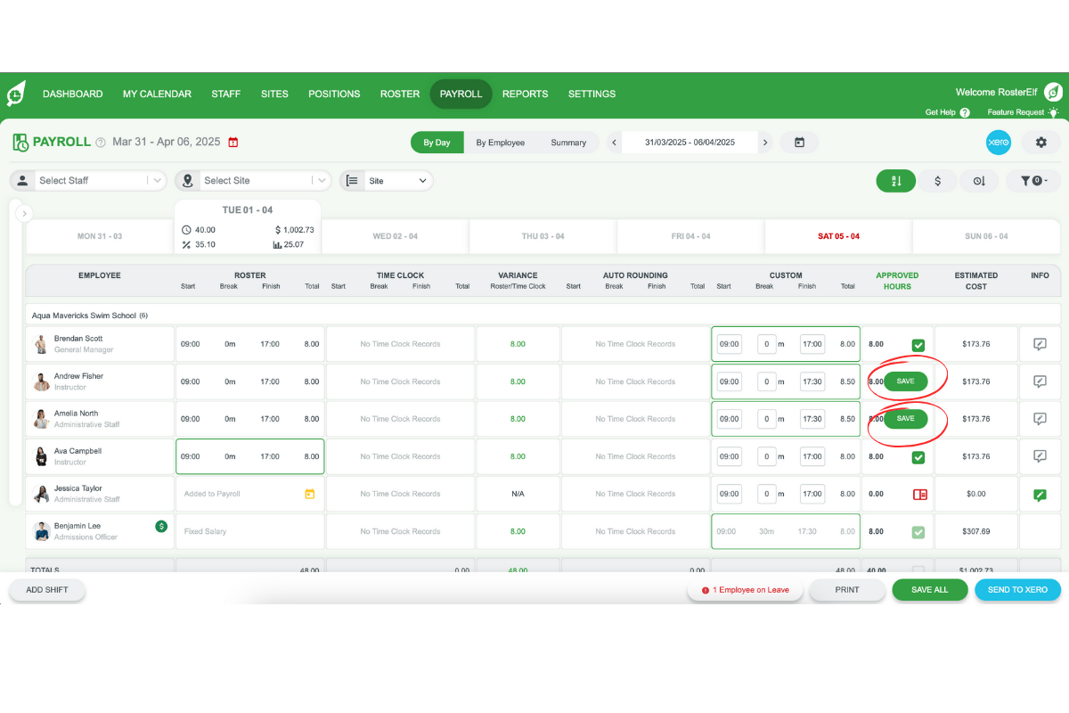Screenshot of the save button for individual shift changes.