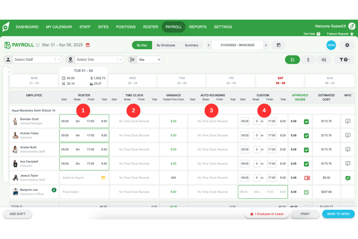 Screenshot showing four columns for shift details in RosterElf.