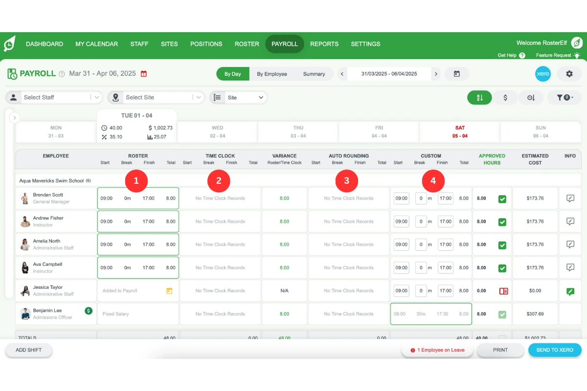 Screenshot showing four columns for shift details in RosterElf.