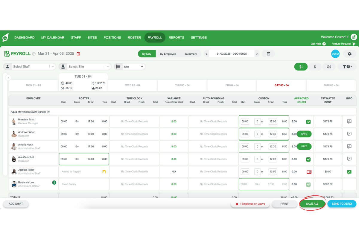 Screenshot highlighting the bulk save button for custom shift changes.
