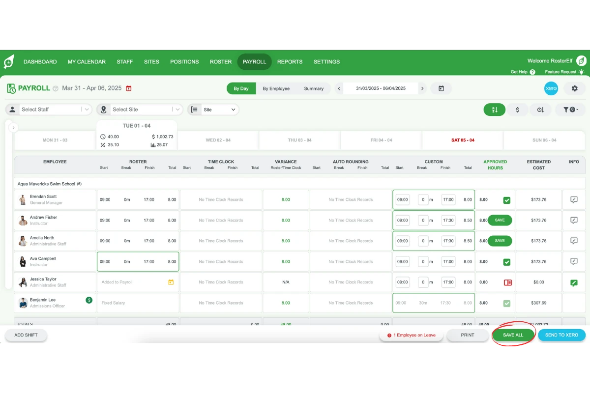 Screenshot highlighting the bulk save button for custom shift changes.